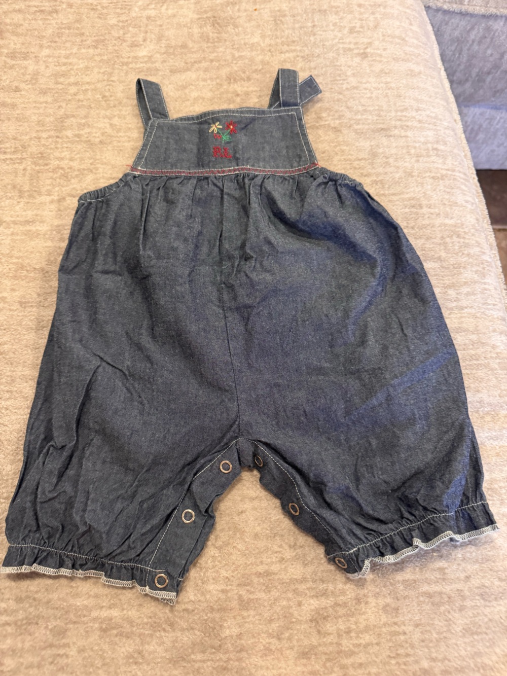Ralph Lauren Dark Blue Denim Girls Romper with Floral Embroidery